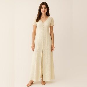 Lace Maxi Dress Ivory Cream | Corset Back Vintage Boho Cottagecore | 11/12 (M/L)